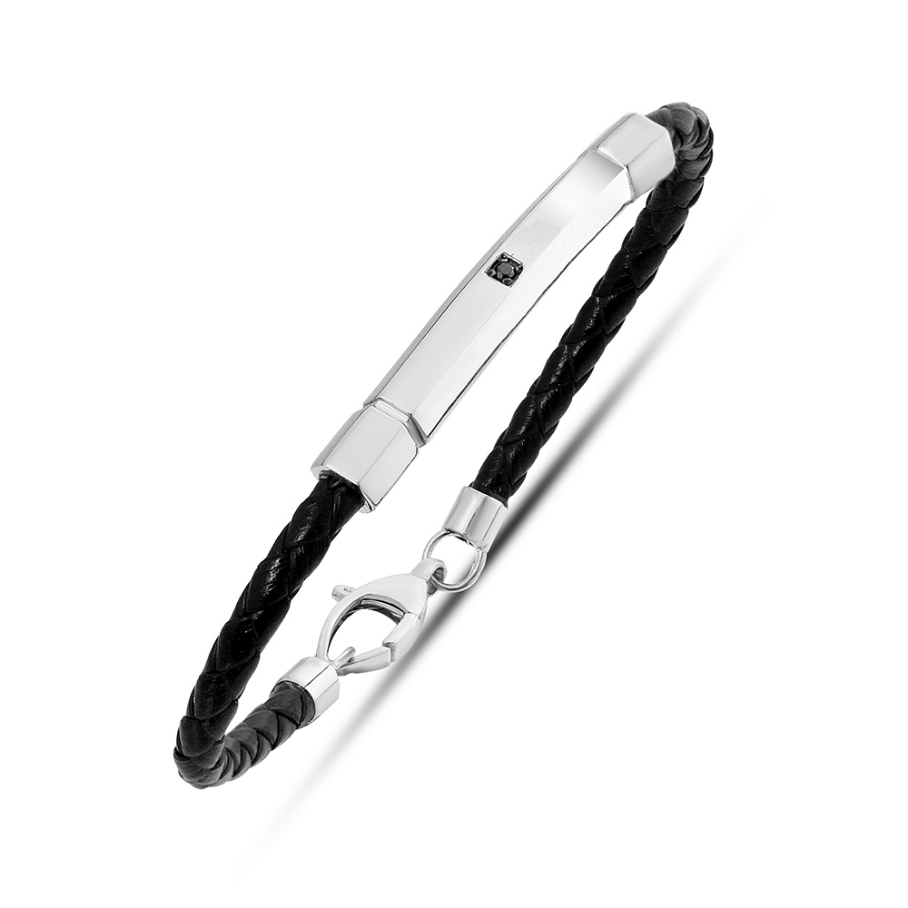 Solitaire Silver and Leather Diamond Men's Bracelet