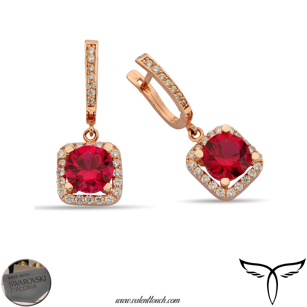 Gold Earrings Swarovski Ruby (cz) Square